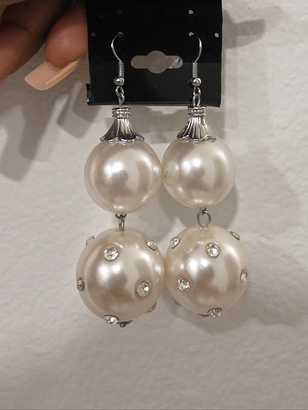 Large Vintage faux pearl double drop jumbo earrings with rhinestones